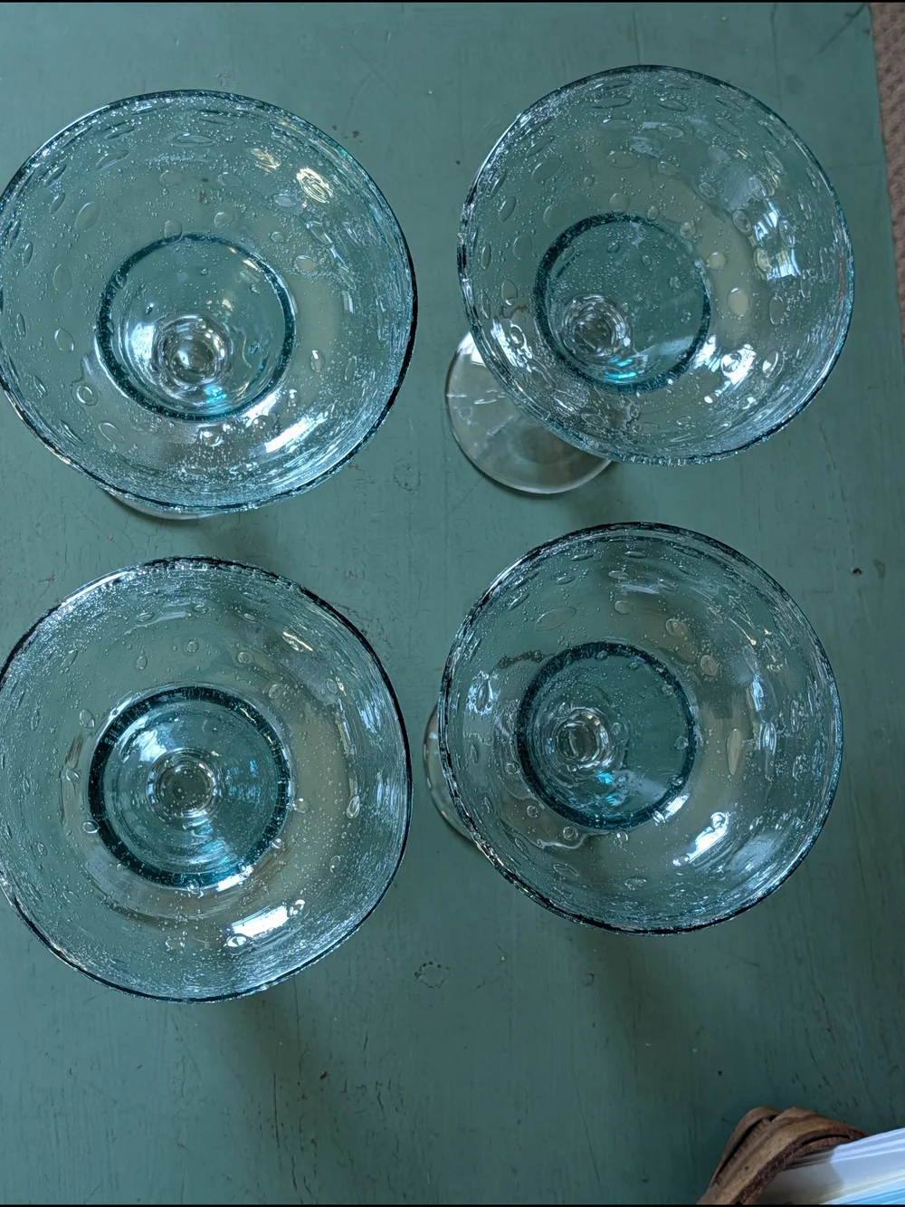 Handblown Teal Bubble Glass Coupe Margarita Elegant Home Dining Glassware Set 4